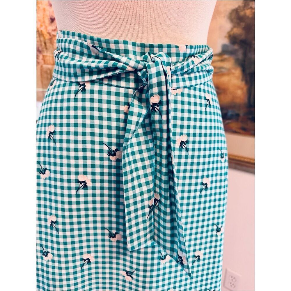 ANN TAYLOR Factory Green/White Checker Floral Tie-Waist Skirt Size 12 - Picture 7 of 15